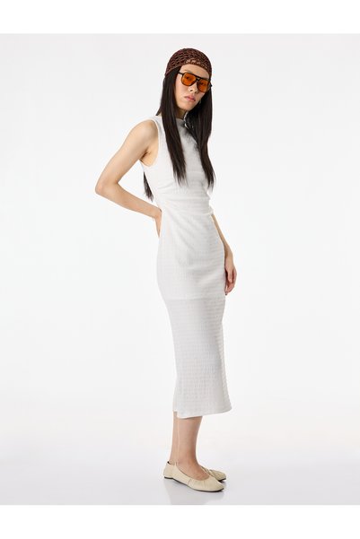 Koton Bürümcük Kolsuz Dik Yaka Midi Bodycon Elbise