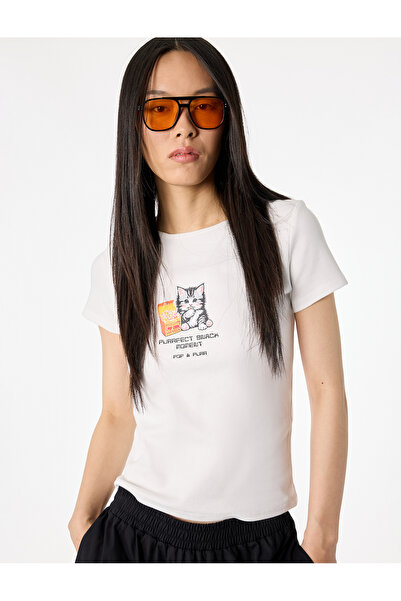 Koton Μπλουζάκι με στενή εφαρμογή, κοντό μανίκι και στάμπα γάτας