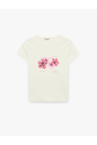 Koton Μπλουζάκι με στάμπα Hibiscus, στενή εφαρμογή, κοντό μανίκι και λαιμόκοψ...