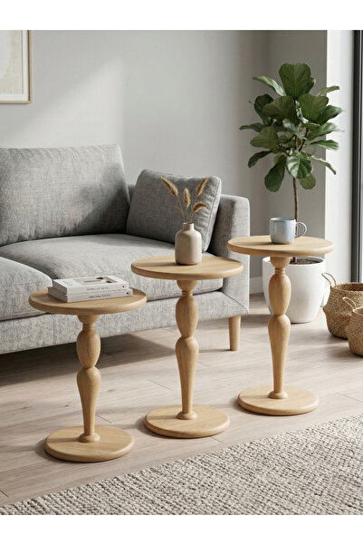 goji home decor 3'lü Ahşap Zigon Sehpa Seti Naturel Ceviz 50 55 60 cm Yuvarla...