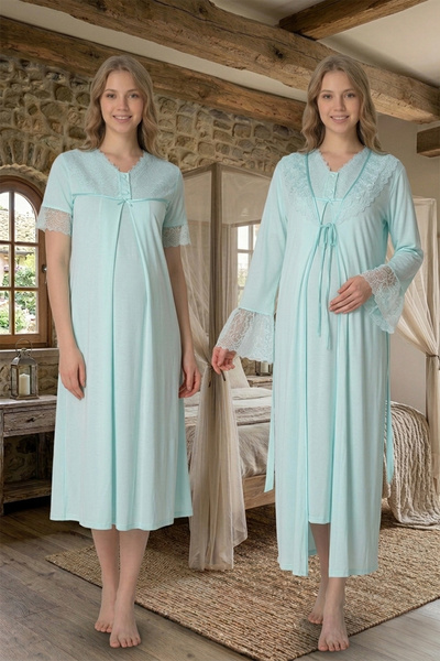 lohusahamile Σετ Νυχτικό Εγκυμοσύνης από Βαμβάκι με Γκιπούρ και Σαμπαλόνι