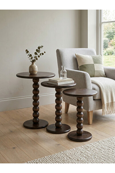 goji home decor 3'lü Ahşap Zigon Sehpa Seti Naturel Ceviz 50 55 60 cm Yuvarla...