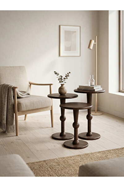 goji home decor 3'lü Ahşap Zigon Sehpa Seti Naturel Ceviz 50 55 60 cm Yuvarla...