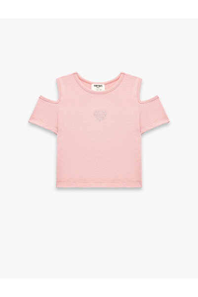 Koton Блуза с кръгло деколте, къс ръкав, с принт на сърца и детайл с прозорец