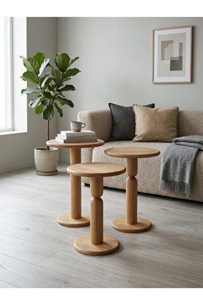 goji home decor 3'lü Ahşap Zigon Sehpa Seti Naturel Ceviz 50 55 60 cm Yuvarla...