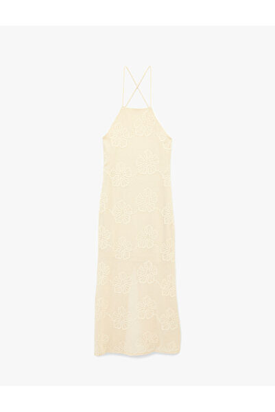 Koton Çapraz İp Askılı Çiçek Nakışlı Sırt Dekolteli Pike Kumaş Uzun Elbise