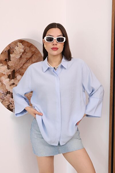 FAMODA Kadın Slim Fit Dar Kesim Vücuda Oturan Uzun Kollu Mavi Gömlek