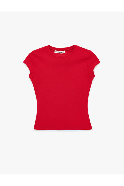 Koton εφαρμοστό Βαμβακερό μπλουζάκι με κοντό μανίκι με λαιμόκοψη