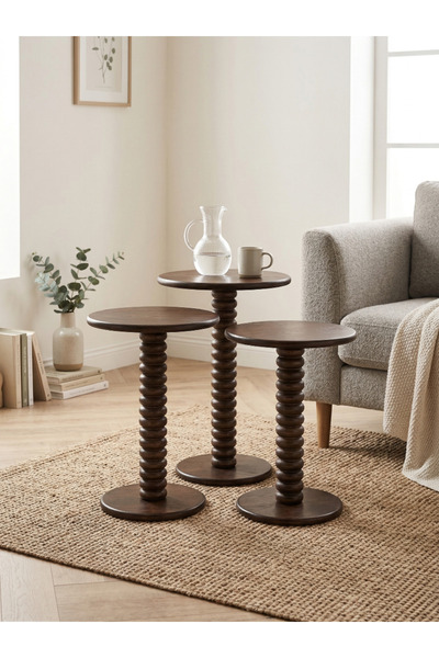 goji home decor 3'lü Ahşap Zigon Sehpa Seti Naturel Ceviz 50 55 60 cm Yuvarla...