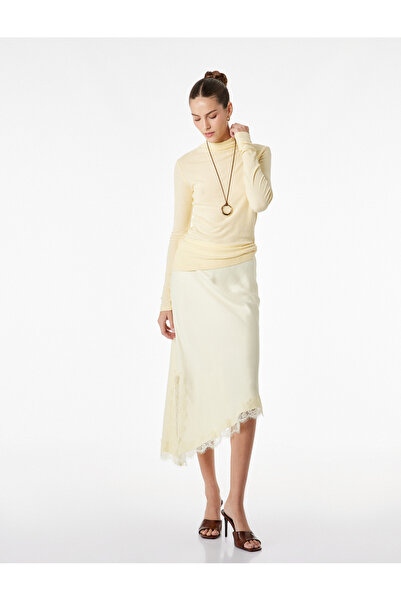 Koton Fustă midi din satin, croială asimetrică, cu șliț și detalii din dantelă