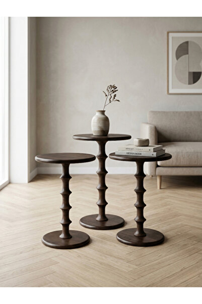 goji home decor 3'lü Ahşap Zigon Sehpa Seti Naturel Ceviz 50 55 60 cm Yuvarla...