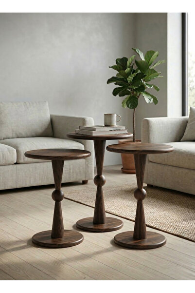 goji home decor 3'lü Ahşap Zigon Sehpa Seti Naturel Ceviz 50 55 60 cm Yuvarla...