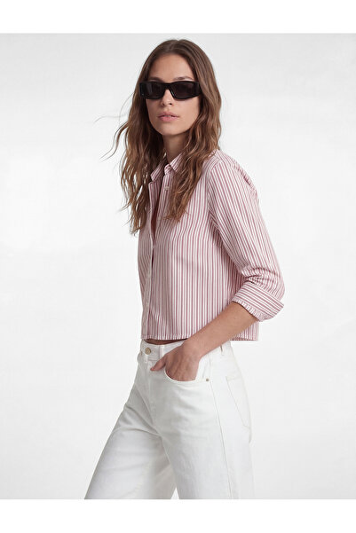 Koton Long Sleeve Striped Oversize Poplin Crop Shirt