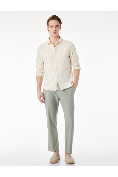 Koton Linen Cotton Blend Trousers with Lace-Up Waist and Pocket Detail