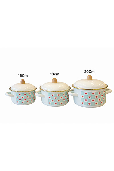 HOME SET 6 Parça Emaye Tencere Seti 16-18-20 Cm Kapaklı Kalp Desenli Tencere ...