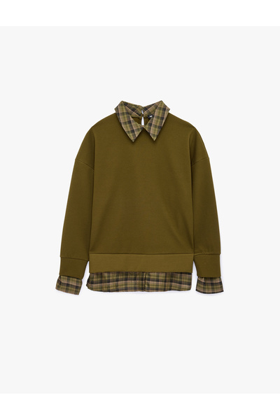 Koton İki Farklı Kumaş Kullanımlı Kombine Uzun Kollu Ekose Gömlek Yaka Sweats...