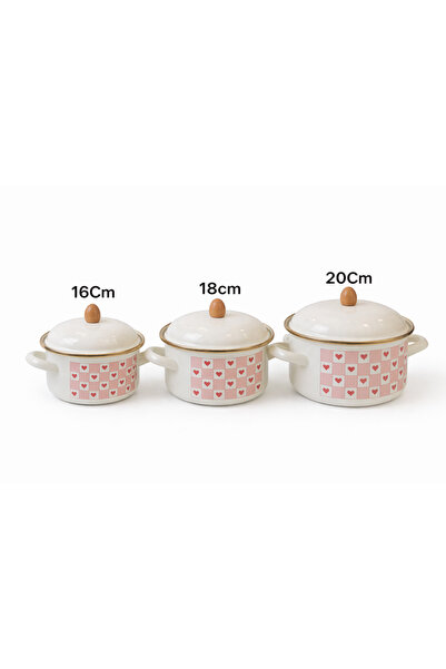 HOME SET 6 Parça Emaye Tencere Seti 16-18-20 Cm Kapaklı Kalp Desenli Tencere ...