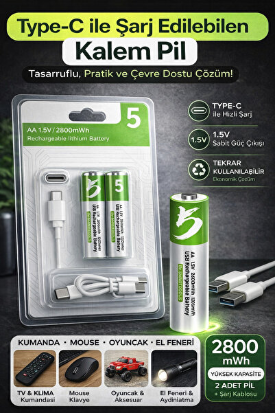 Yellowtech AA Kalem Pil Type-C Şarjlı 1.5V 2800mWh Lityum Şarj Edilebilir 2’li Pil Seti