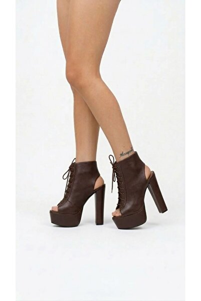 Tarz Topuklar Γυναικεία παπούτσια Elara Brown Skin Platform με ανοιχτή πλάτη ...