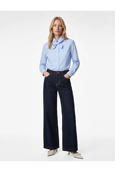 Koton Fiyonk Detaylı Düğmeli Uzun Kollu Fular Yaka Poplin Oversize Gömlek