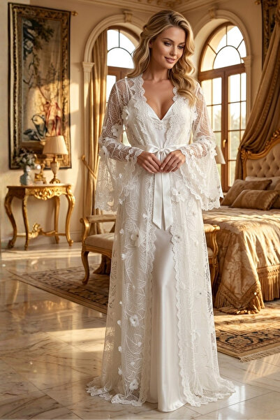 big mama Bridal Dressing Gown Set - Lace Satin 2-Piece Dowry Luxury Nightgown...