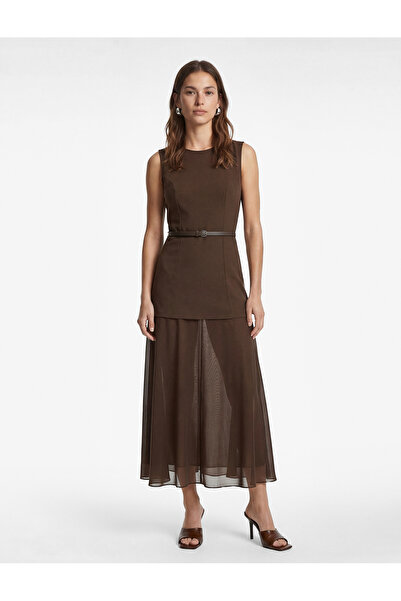 Koton Rochie lungă cu croială slim, decolteu tip crew, fără mâneci, cu curea ...