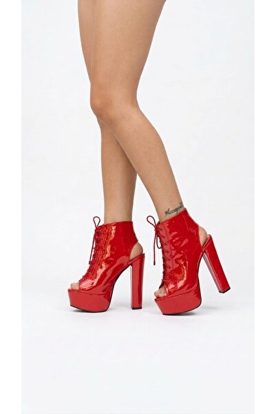 Tarz Topuklar Elara Red Patent Leather Platform Open Back Design Women's Shoes