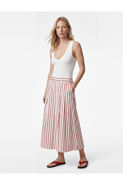 Koton Cotton Pocketed Flared Midi Striped Poplin Skirt