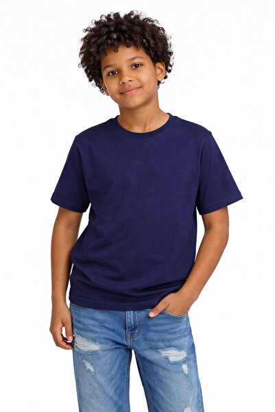 Erkek Çocuk Lacivert Basic Tişört Bisiklet Yaka Pamuklu Penye Düz Kısa Kollu Rahat Günlük T-Shirt
