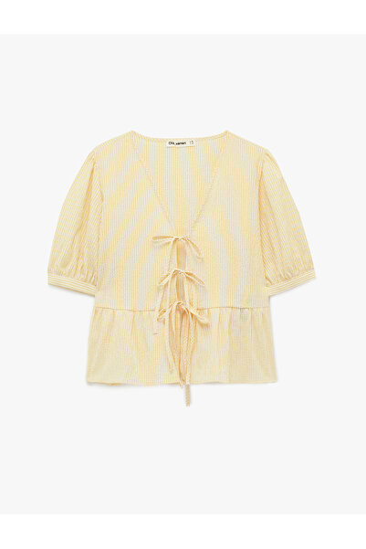 Koton Comfortable Fit Tie-Dye Detailed Textured V-Neck Balloon Sleeve Blouse