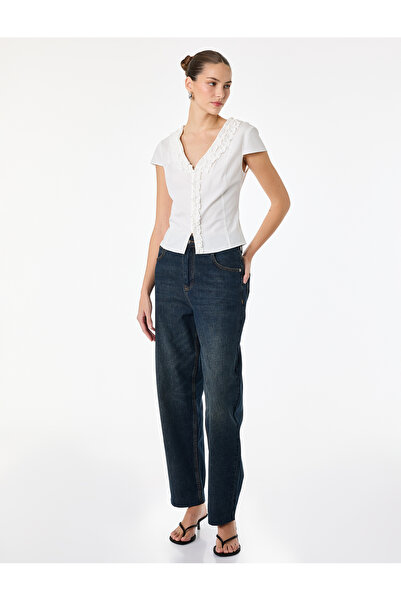 Koton Cotton Slim Fit Cap Sleeve V-Neck Ruffled Poplin Shirt