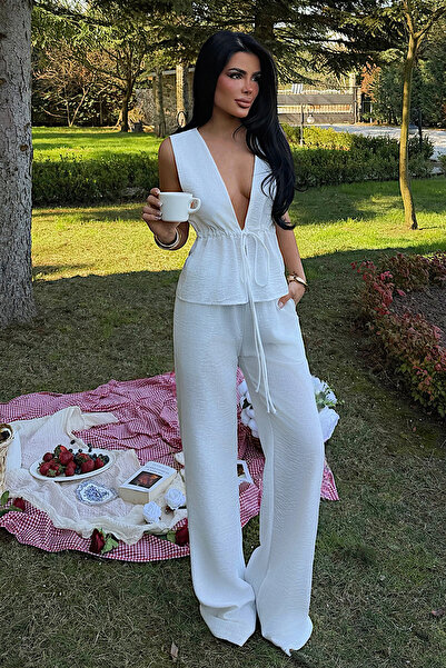 Eyyo بدلة ووليكا بيضاء بفتحة رقبة على شكل V عميقة مع تفاصيل ربط ATE-4894