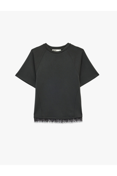 Koton Modal Fabric Slim Fit Short Sleeve Crew Neck T-Shirt with Lace Detail