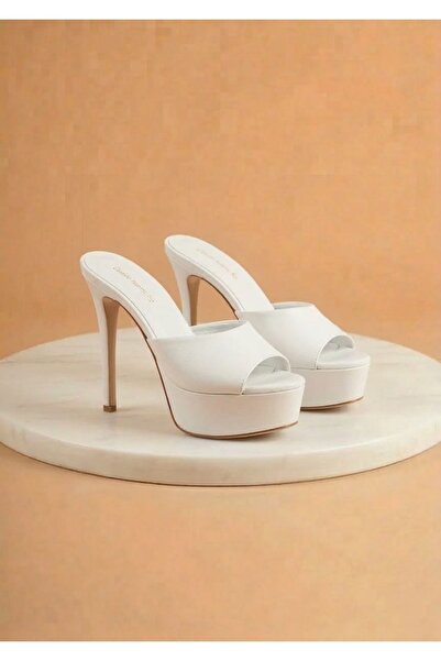 Tarz Topuklar Dylan Women's White Leather Special Design Thin Heeled Slippers