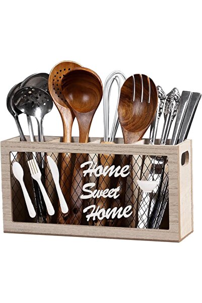 Arabest 4-Compartment Wooden Country style Organizer,for Spoons, Forks & Kitc...