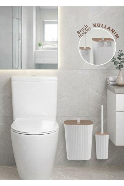 Okyanus Home Sapphire Adhesive Toilet Brush Holder and Trash Can Set White Du...