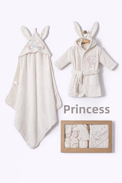 Mou&Kou 100% Cotton Baby Bathrobe Set with Hooded Ears and Princess Embroider...