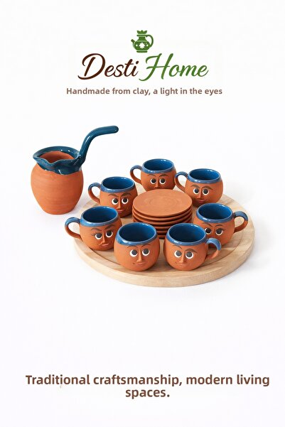 DestiHome 6-Piece Clay Handmade Emoji Cup Set with Coffee Pot