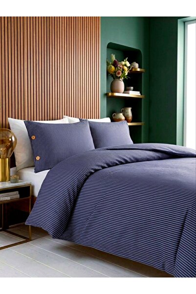 CollessiaHome Σετ Παπλωματοθήκη 100% Βαμβακερό Σατέν Διπλό Ριγέ Ξύλινο Κουμπί...