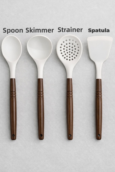 Destpak طقم تقديم من السيليكون مكون من 4 قطع - ملعقة بمقبض من خشب الأكاسيا، م...