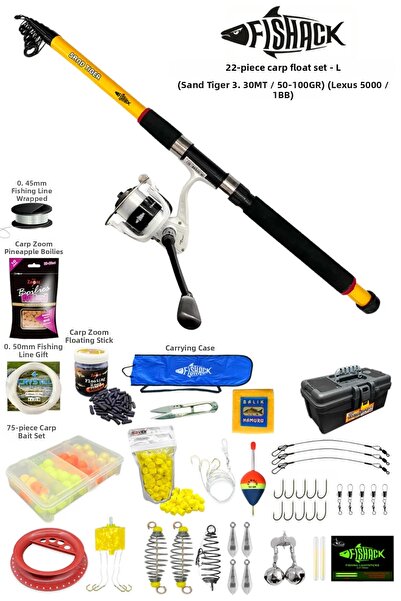 Fishack طقم صنارة صيد سمك الشبوط 22 قطعة L - 3.30MT / 50-100GR