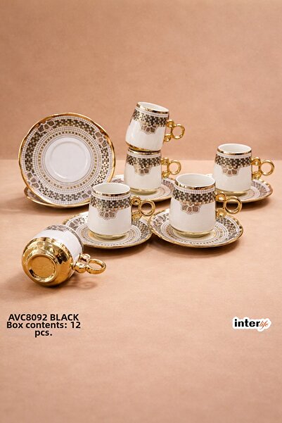 İnterlife Ethnic Mosaic Patterned Turkish Coffee Cup Set for 6 People, Porcel...