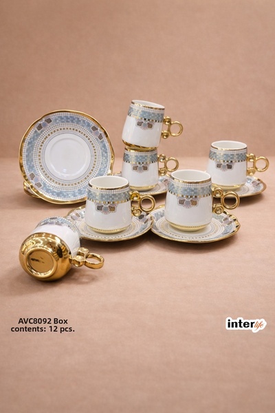 İnterlife Ethnic Mosaic Patterned Turkish Coffee Cup Set for 6 People, Porcel...