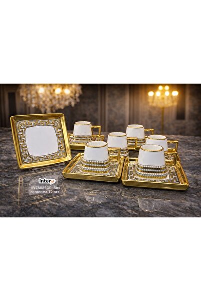 İnterlife Luxury Gold Detailed 6-Person Turkish Coffee Cup Set with Porcelain...