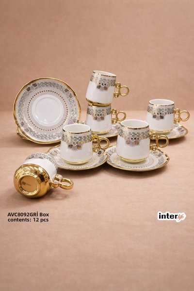 İnterlife Ethnic Mosaic Patterned Turkish Coffee Cup Set for 6 People, Porcel...