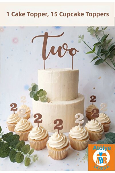 Atölye Doruk زينة كعكة عيد الميلاد بعمر سنتين باللون البني الكريمي - حروف كعك...