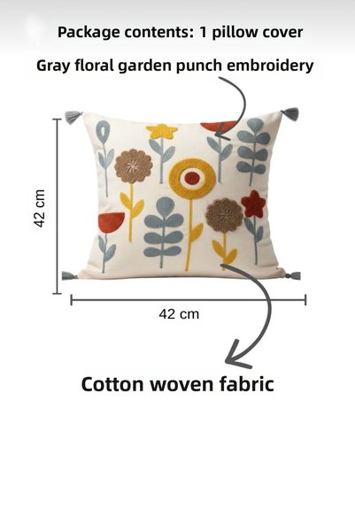 Valmia Home Special Embroidered Blue Floral Patterned Cotton Buldan Handmade Cushion Cover - with Tassels 42X42 cm