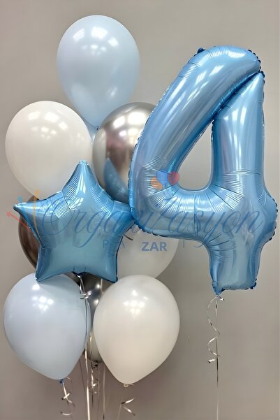 Organizasyon Pazarı Light Blue 4 Year Old Number Balloon Set Blue Star Foil B...