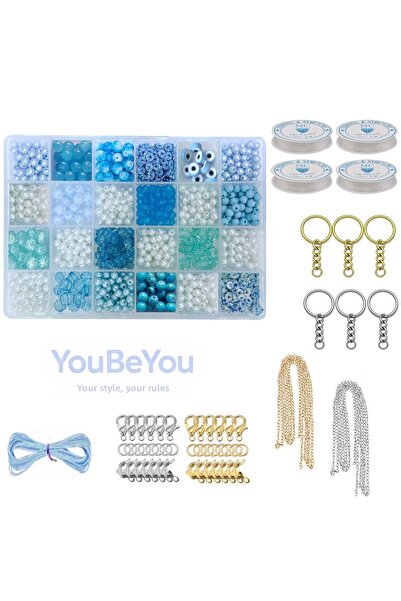 By MO Accessories Πλήρες σετ κοσμημάτων με μπλε χάντρες Μπρελόκ Σετ κατασκευή...