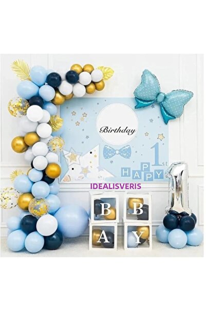 Bkmc Луксозен комплект бебешки балони със синя панделка за 1-годишно дете - ф...